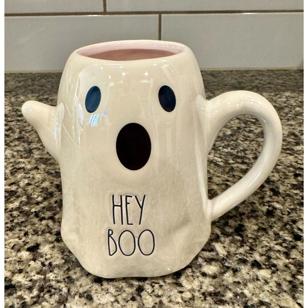 New RAE DUNN Iridescent "HEY BOO!" Ghost Mug Pink Inside Magenta Halloween Cup